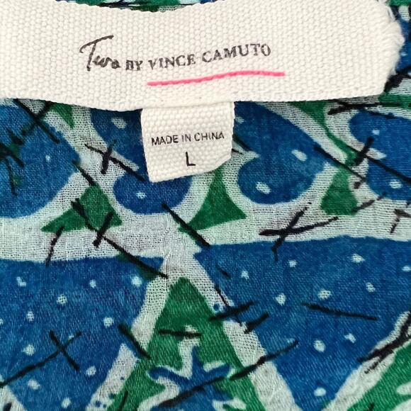 Two by Vince Camuto Womens Sheer Peasant Blouse Large Blue Green Tasseled Boho - Picture 4 of 5